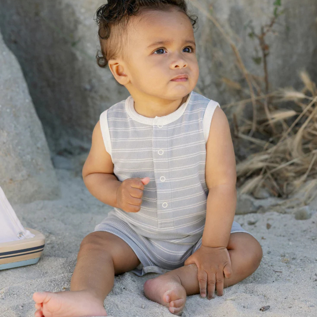 Ribbed Henley Romper Blue Pinstripe | Quincy Mae