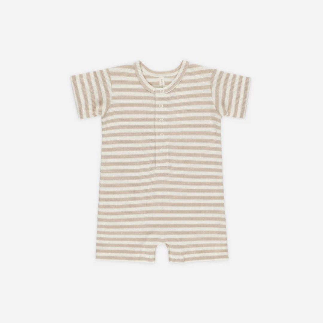 Waffle Snap Romper Oat Stripe | Quincy Mae