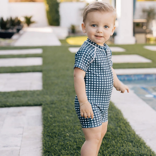 Checkered one-piece swimsuit with short sleeves | Mebie Baby