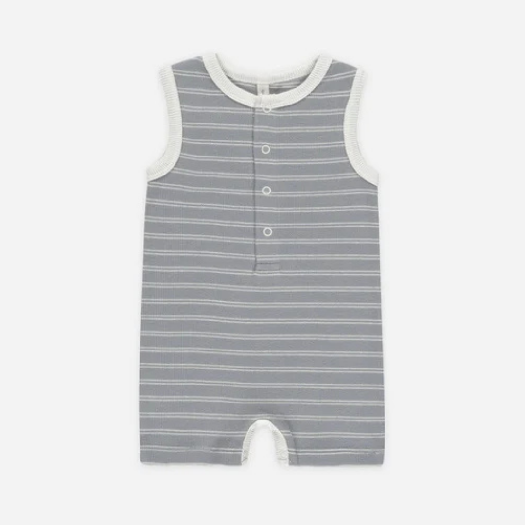 Ribbed Henley Romper Blue Pinstripe | Quincy Mae