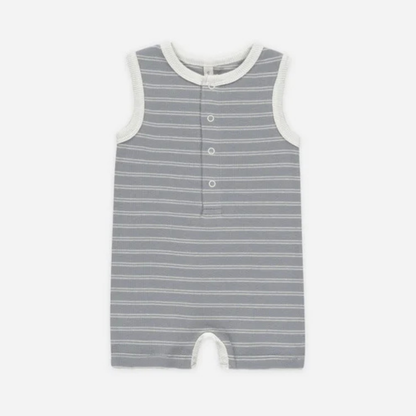 Ribbed Henley Romper Blue Pinstripe | Quincy Mae