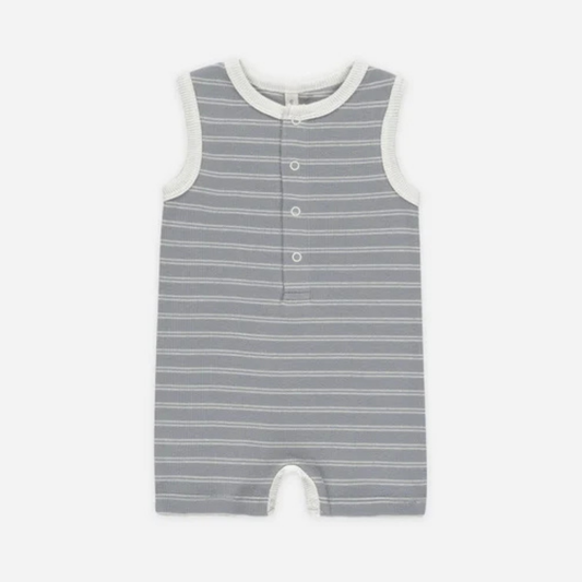 Ribbed Henley Romper Blue Pinstripe | Quincy Mae