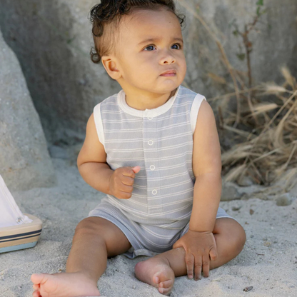 Ribbed Henley Romper Blue Pinstripe | Quincy Mae
