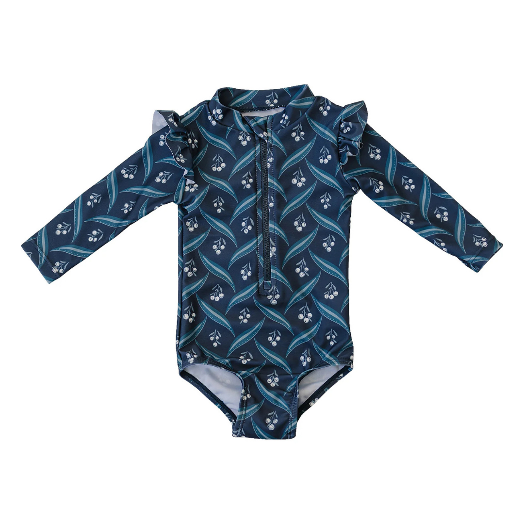 Navy Berry Long Sleeve Ruffle Zipper One Piece | Mebie