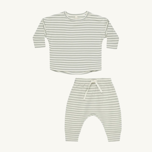 Ensemble cotton bio rayures sauge | Quincy Mae