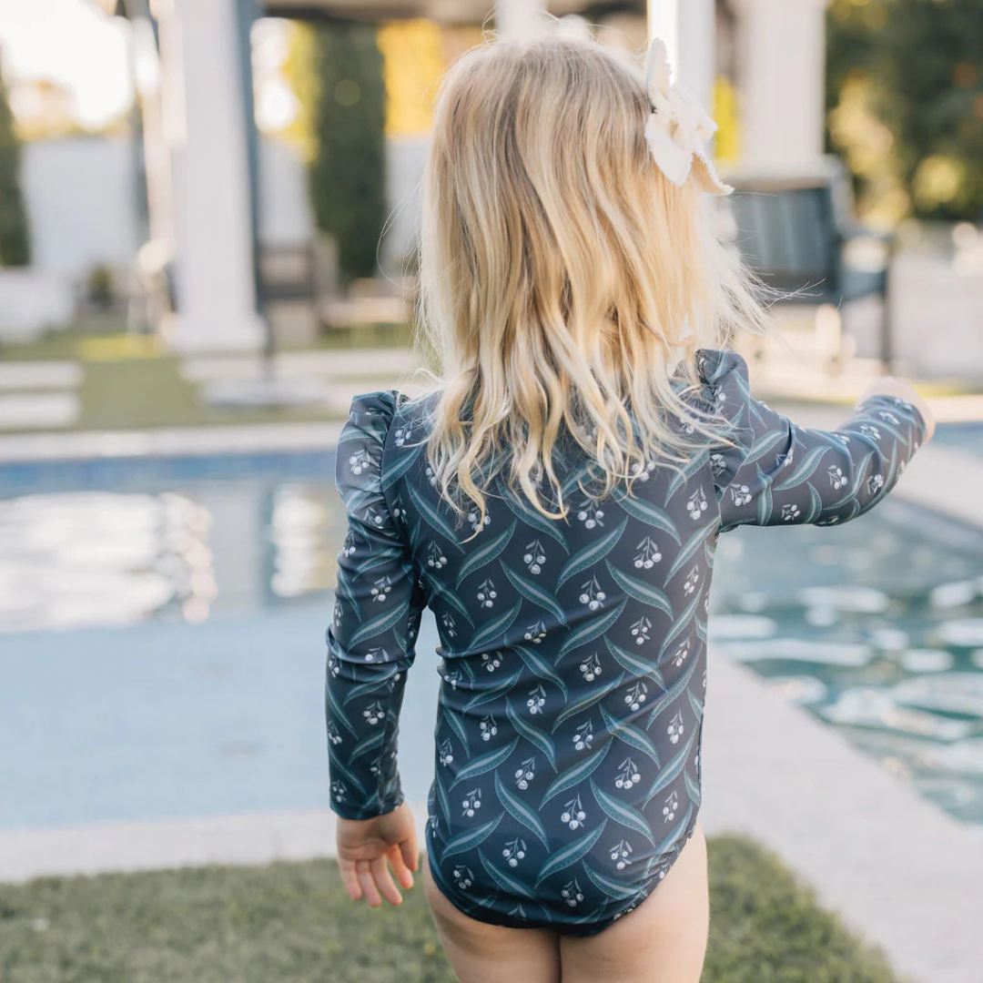 Navy Berry Long Sleeve Ruffle Zipper One Piece | Mebie