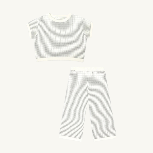 Boxy Crop knit Tee + Knit Wide Leg Pant Dusty Blue Stripe | Rylee + Cru