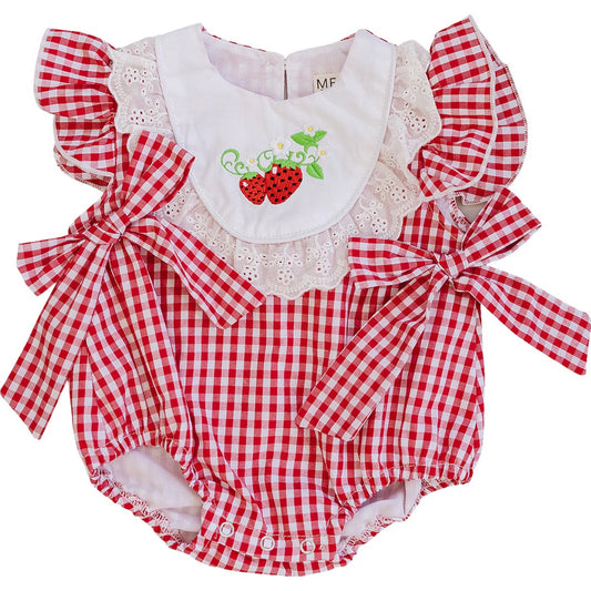 Gingham Strawberry Bubble Romper | Mebie Baby