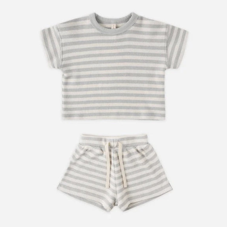 Waffle Tee + Short set Sky Stripe | Quincy Mae