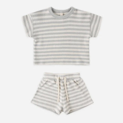 Waffle Tee + Short set Sky Stripe | Quincy Mae