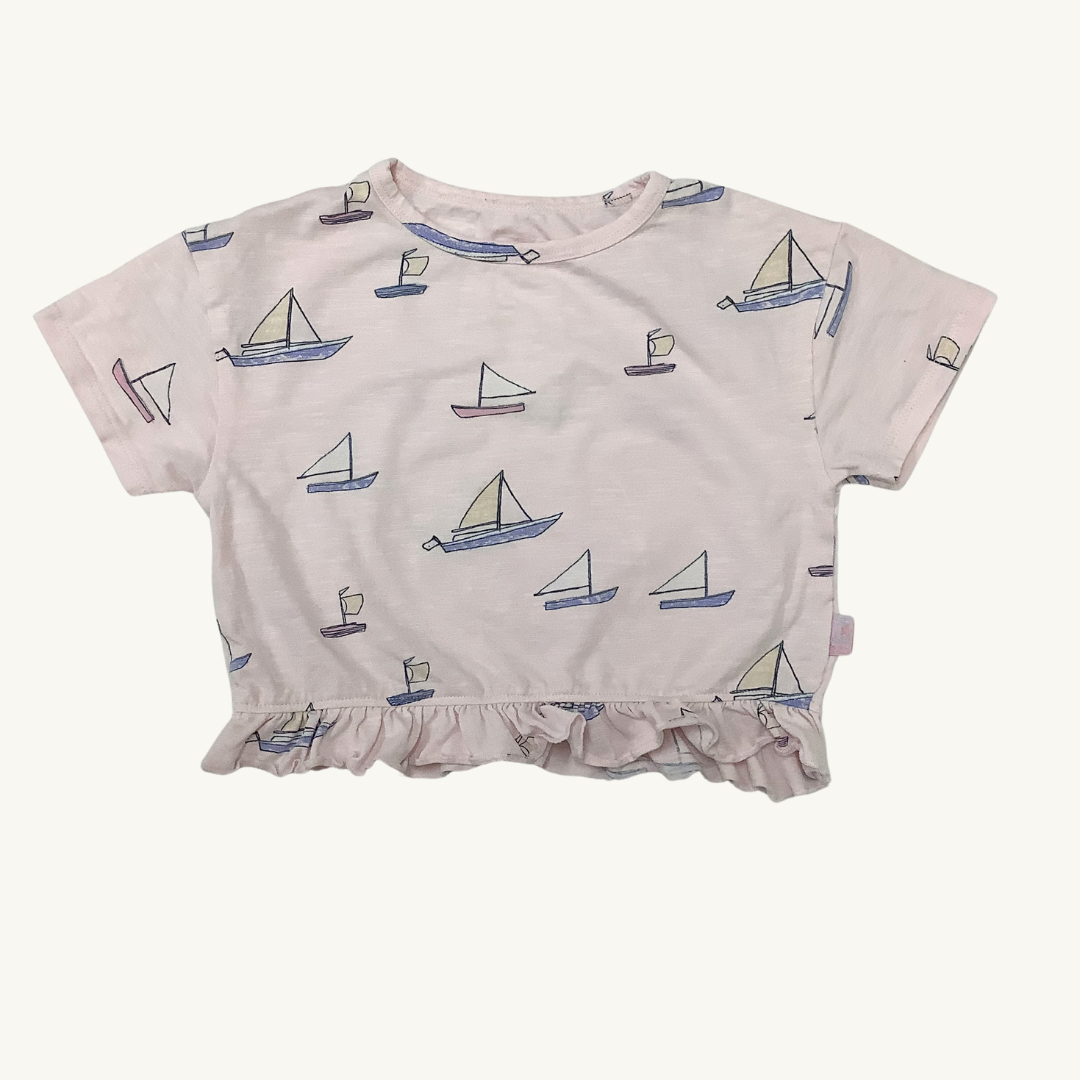 SM | Sailboat ruffled boxy tee 12-18M | Souris Mini