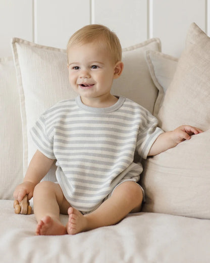 Waffle Tee + Short set Sky Stripe | Quincy Mae