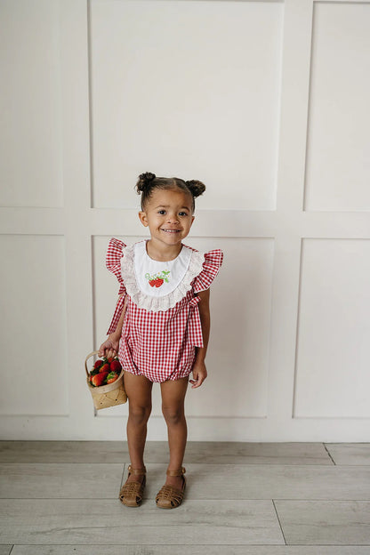 Gingham Strawberry Bubble Romper | Mebie Baby