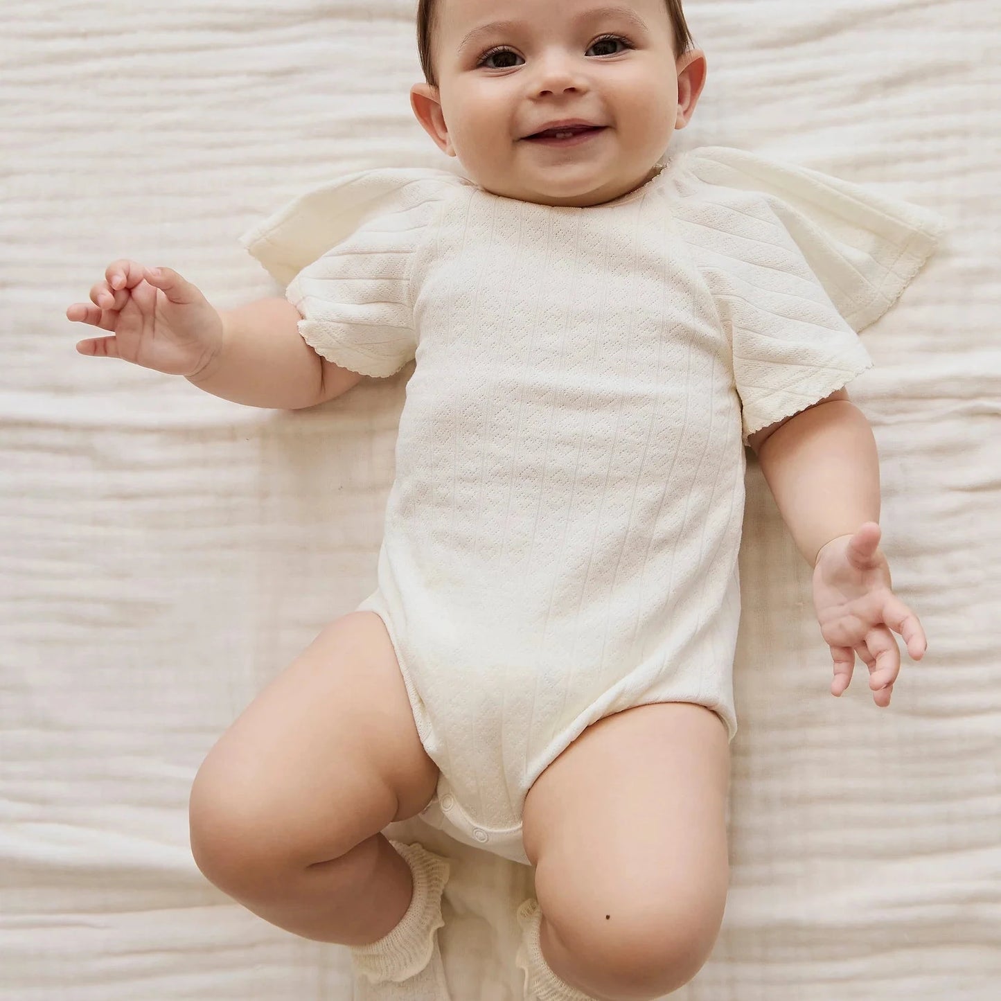 Organic Cotton Josephine Playsuit Sweet Heart Pointelle Parchement | Jamie Kay