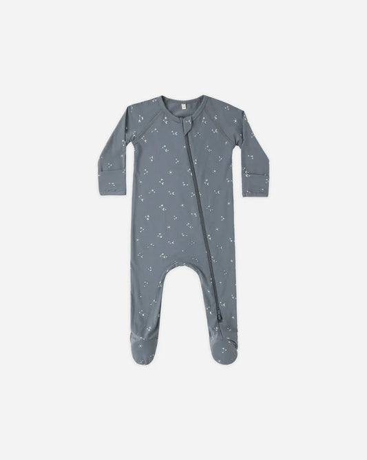 Bamboo zip footie + knotted baby hat washed indigo | Quincy Mae