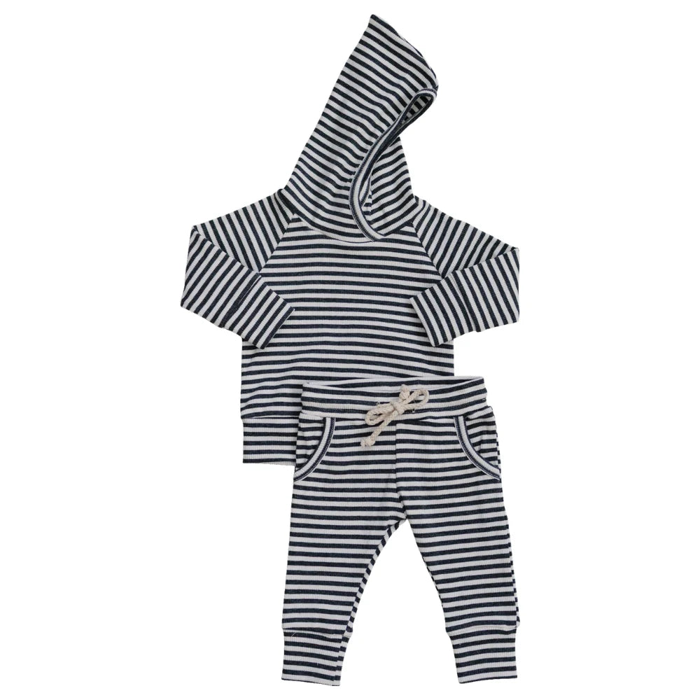 Charcoal Stripe Ribbed Hooded Set | Mebie