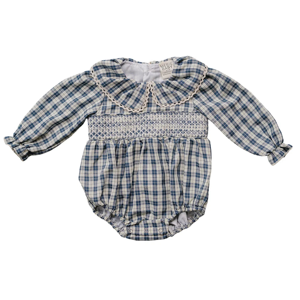 Blue plaid Ruffle Collar Bubble Romper | Mebie