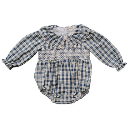 Blue plaid Ruffle Collar Bubble Romper | Mebie