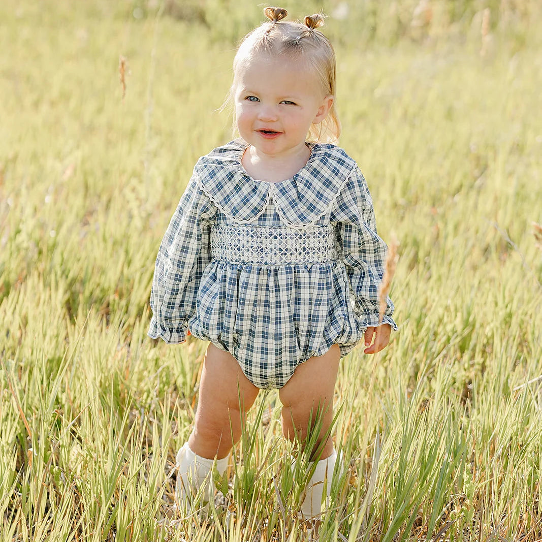 Blue plaid Ruffle Collar Bubble Romper | Mebie