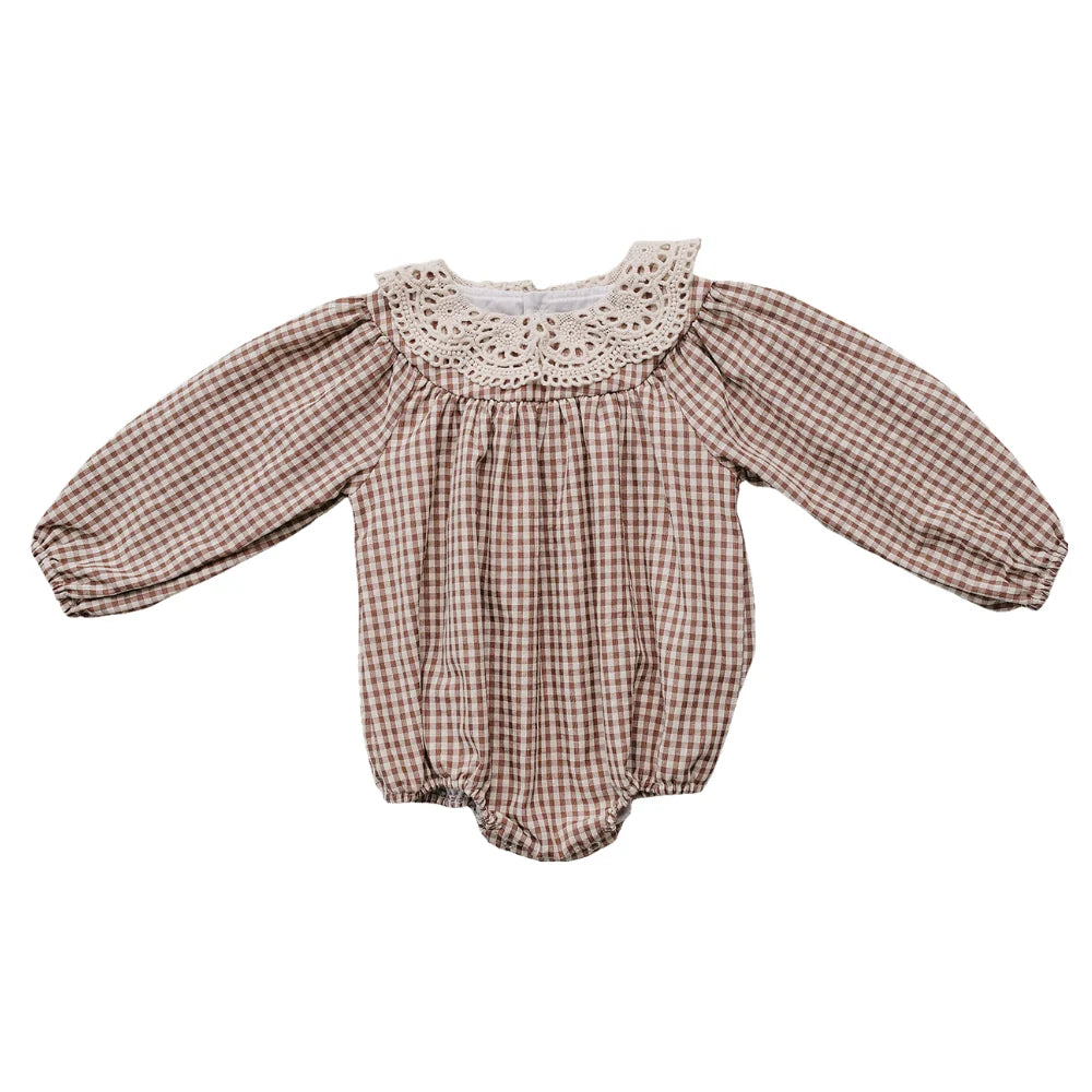 Camel Gingham Lace Bubble Romper | Mebie