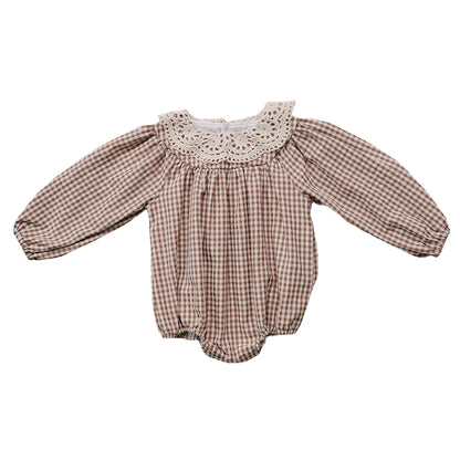 Camel Gingham Lace Bubble Romper | Mebie
