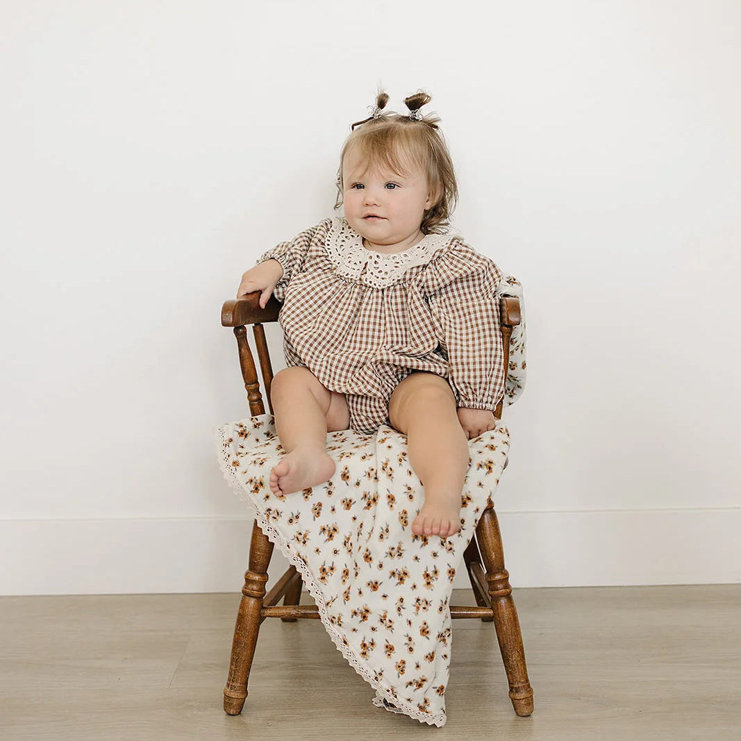 Camel Gingham Lace Bubble Romper | Mebie