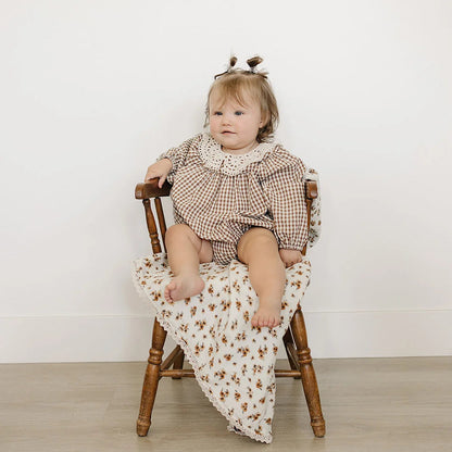 Camel Gingham Lace Bubble Romper | Mebie