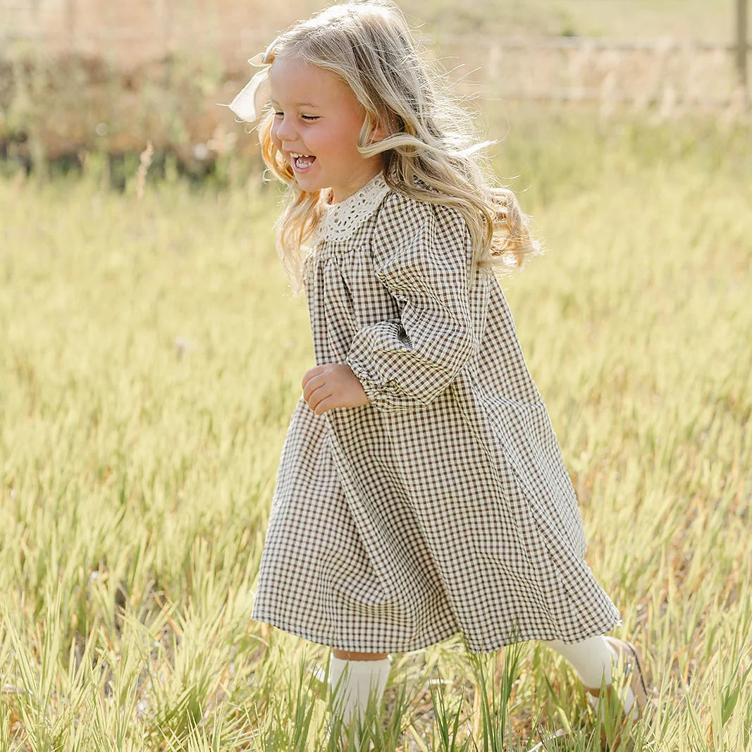Camel Gingham Lace Dress | Mebie