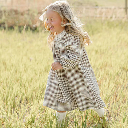 Camel Gingham Lace Dress | Mebie