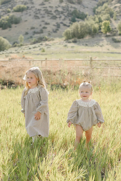 Camel Gingham Lace Dress | Mebie