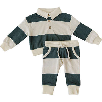 Green Stripe Collared French Terry Set | Mebie