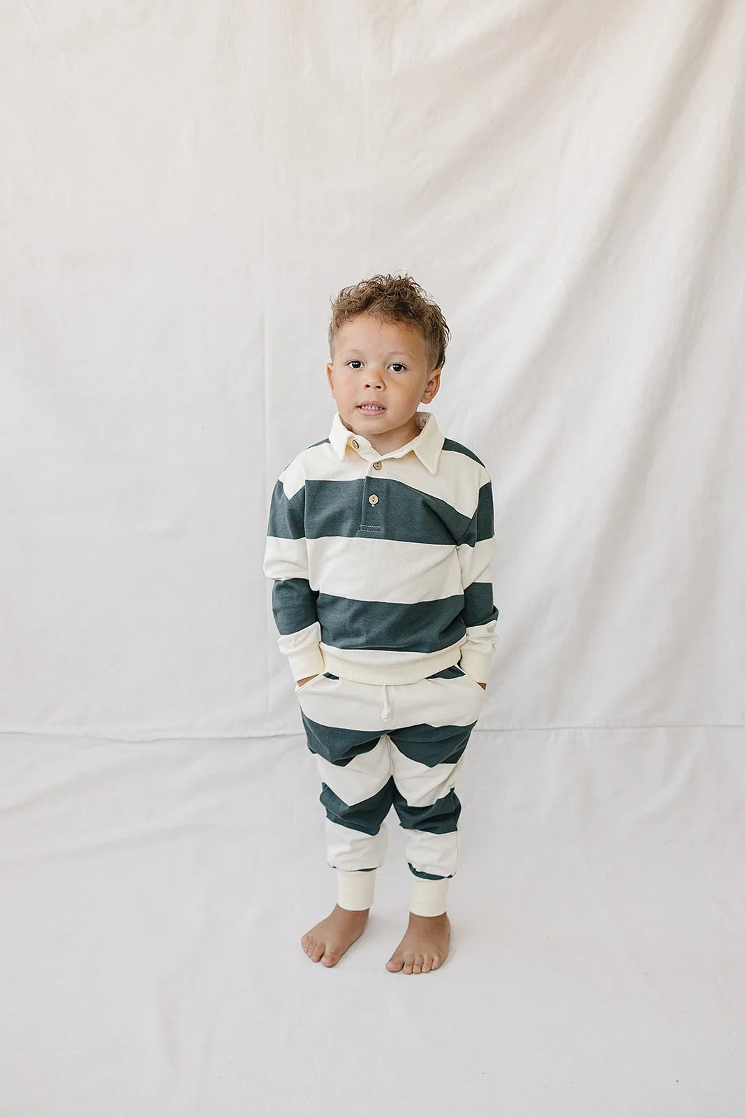 Green Stripe Collared French Terry Set | Mebie