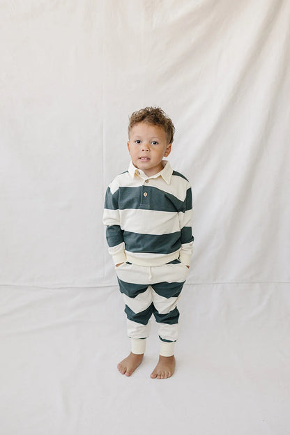 Green Stripe Collared French Terry Set | Mebie