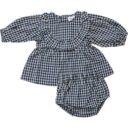 Gingham long Sleeve Ruffle Linen Dress | Mebie