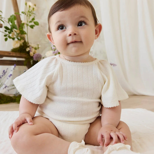 Organic Cotton Josephine Playsuit Sweet Heart Pointelle Parchment | Jamie Kay