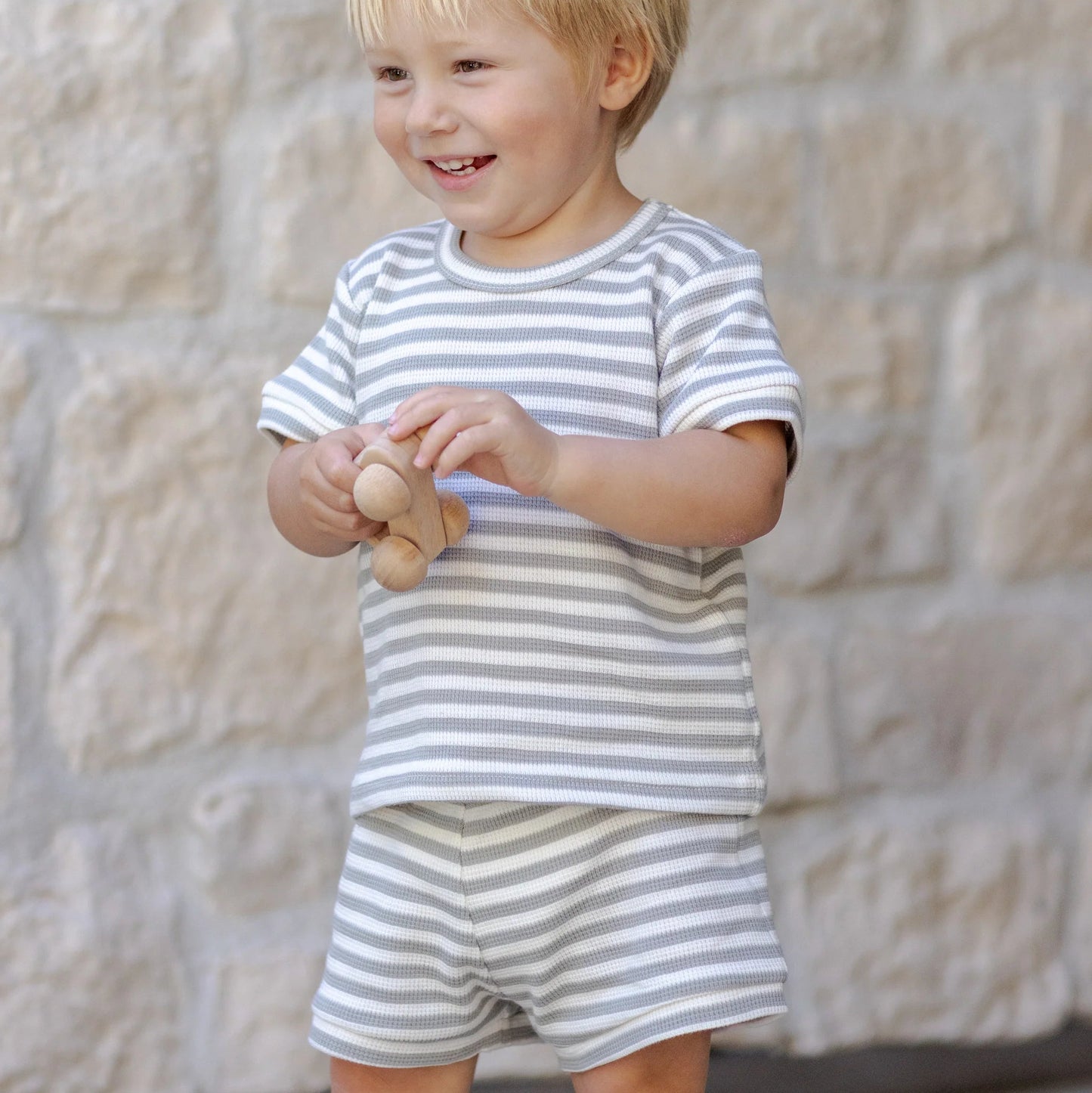 Waffle Shortie Set Sage Stripe | Quincy Mae