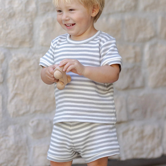 Waffle Shortie Set Sage Stripe | Quincy Mae