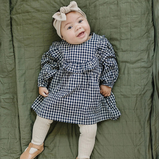 Gingham long Sleeve Ruffle Linen Dress | Mebie