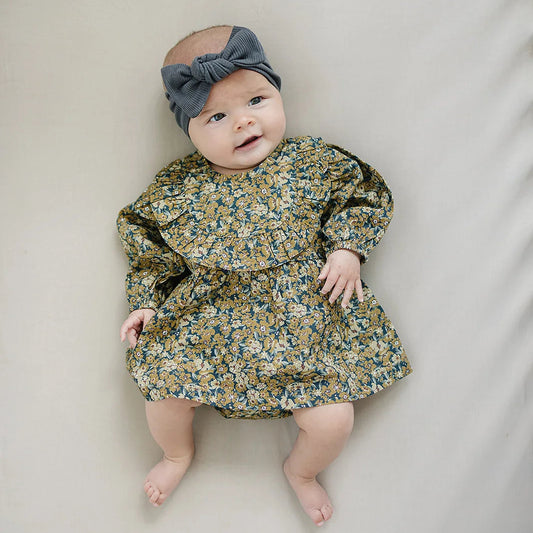 Venetian Floral long Sleeve Ruffle Cotton Dress 0-3M | Mebie